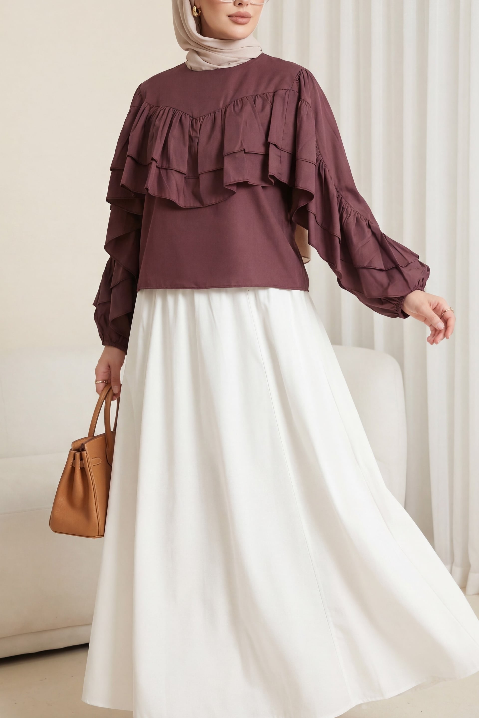 Plum Long-Sleeved Ruffle Blouse with Elasticated Cuffs - Podyumplus - by Peralane - photo 3
