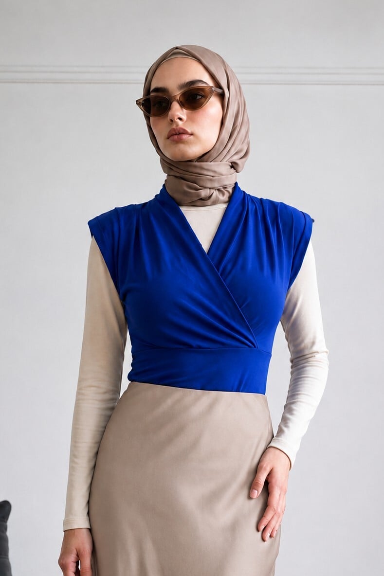 Sleeveless Padded Faux Wrap Blouse in Saks - Podyumplus - by Peralane