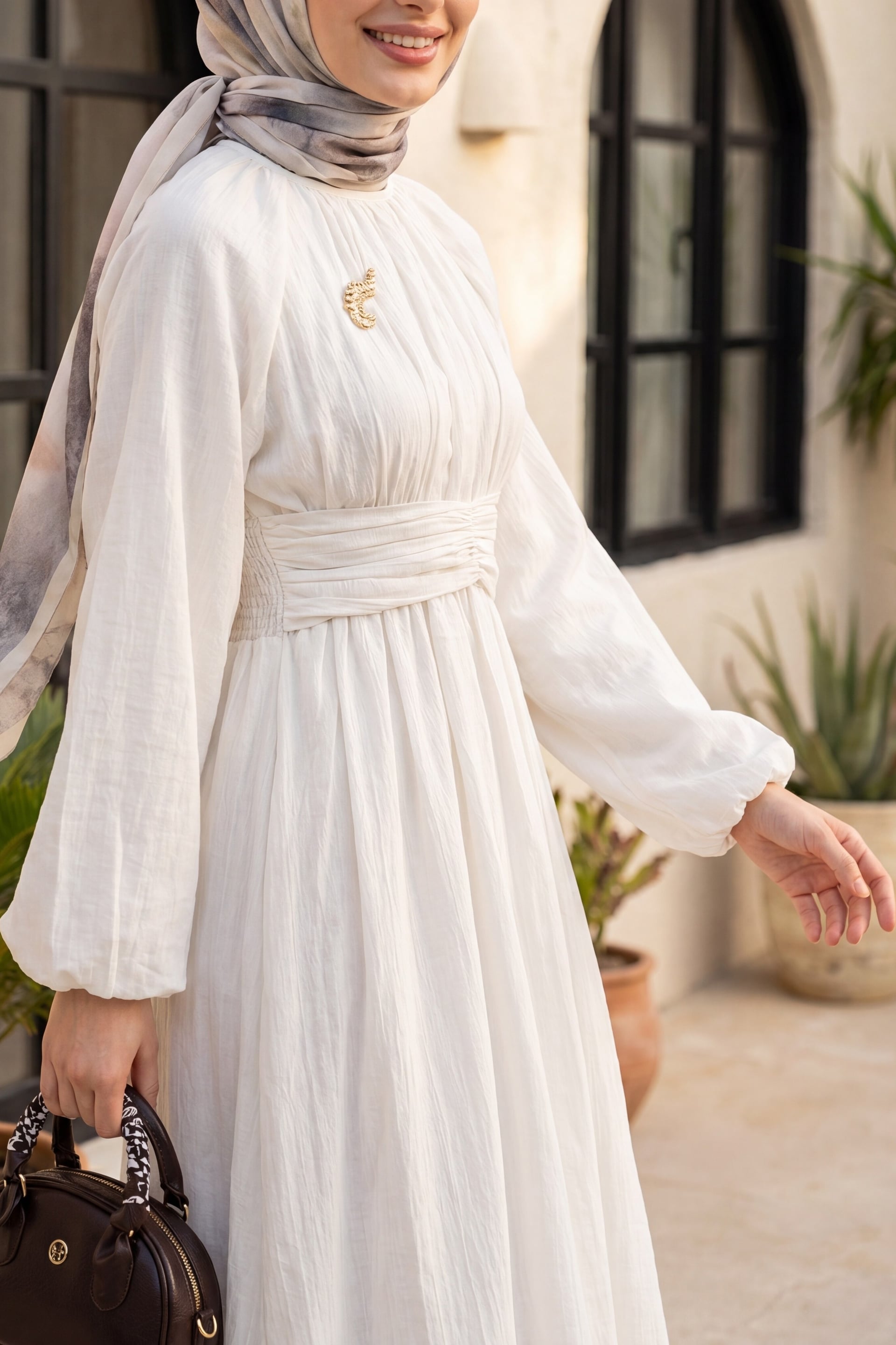Belted Long-Sleeved Linen-Look Dress with Brooch - Ecru - Podyumplus - by Peralane - photo 4