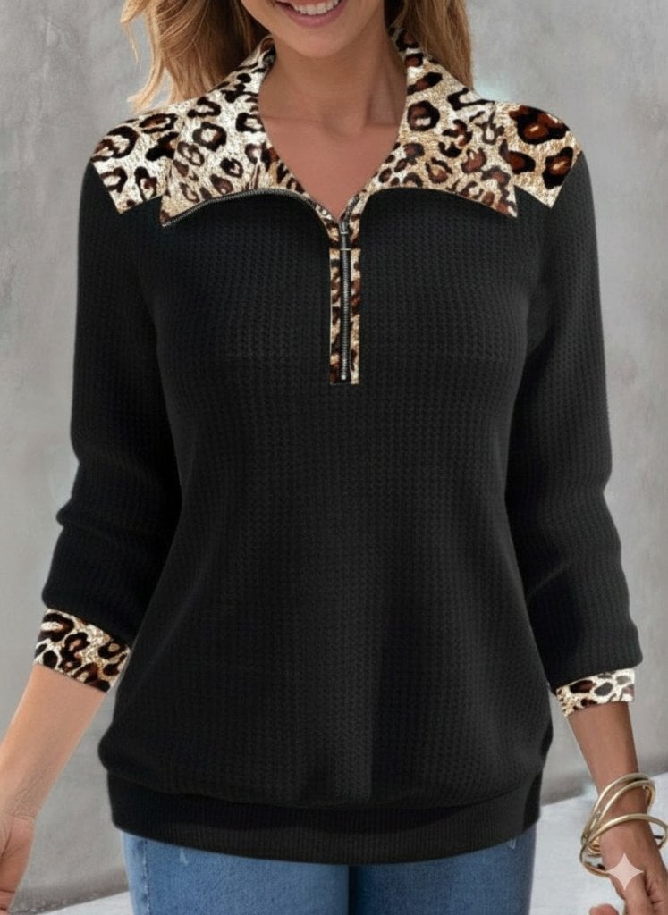 Women's Long Sleeve Leopard Collar Zip Waffle Blouse - Janes - by Peralane