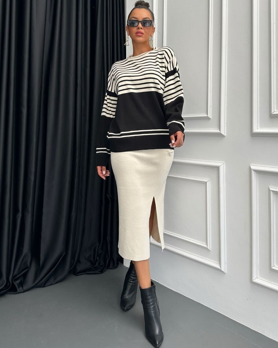 Striped Crew Neck Sweater and Skirt Knit Set - Cream - Podyumplus - by Peralane