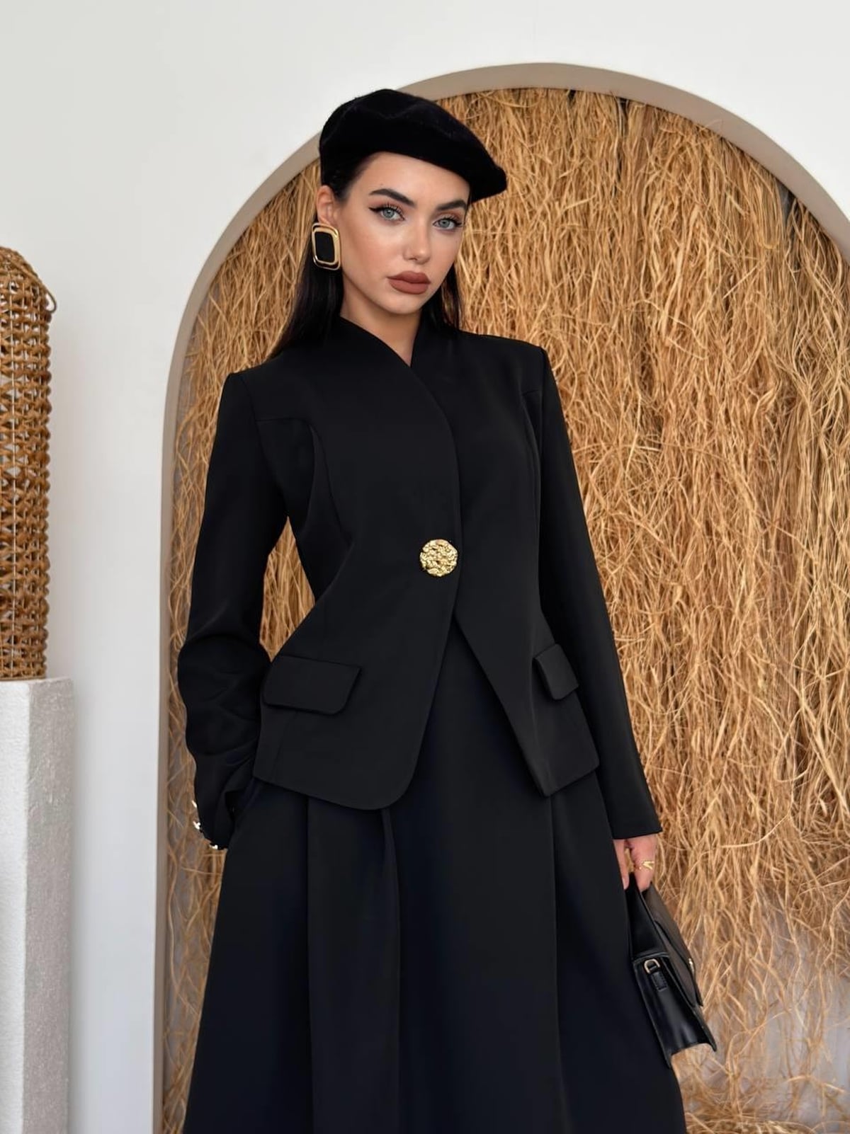 Black Satin Blazer with Flap Pockets and Gold Button - Etika - by Peralane