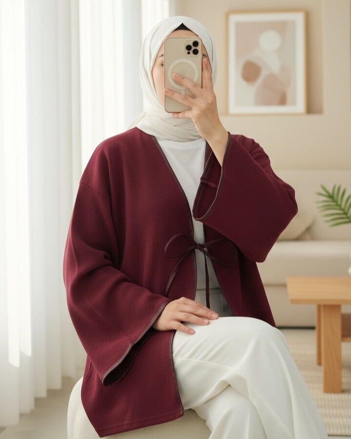 Burgundy Wrap-Front Kimono with Strap Details - Podyumplus - by Peralane - photo 2