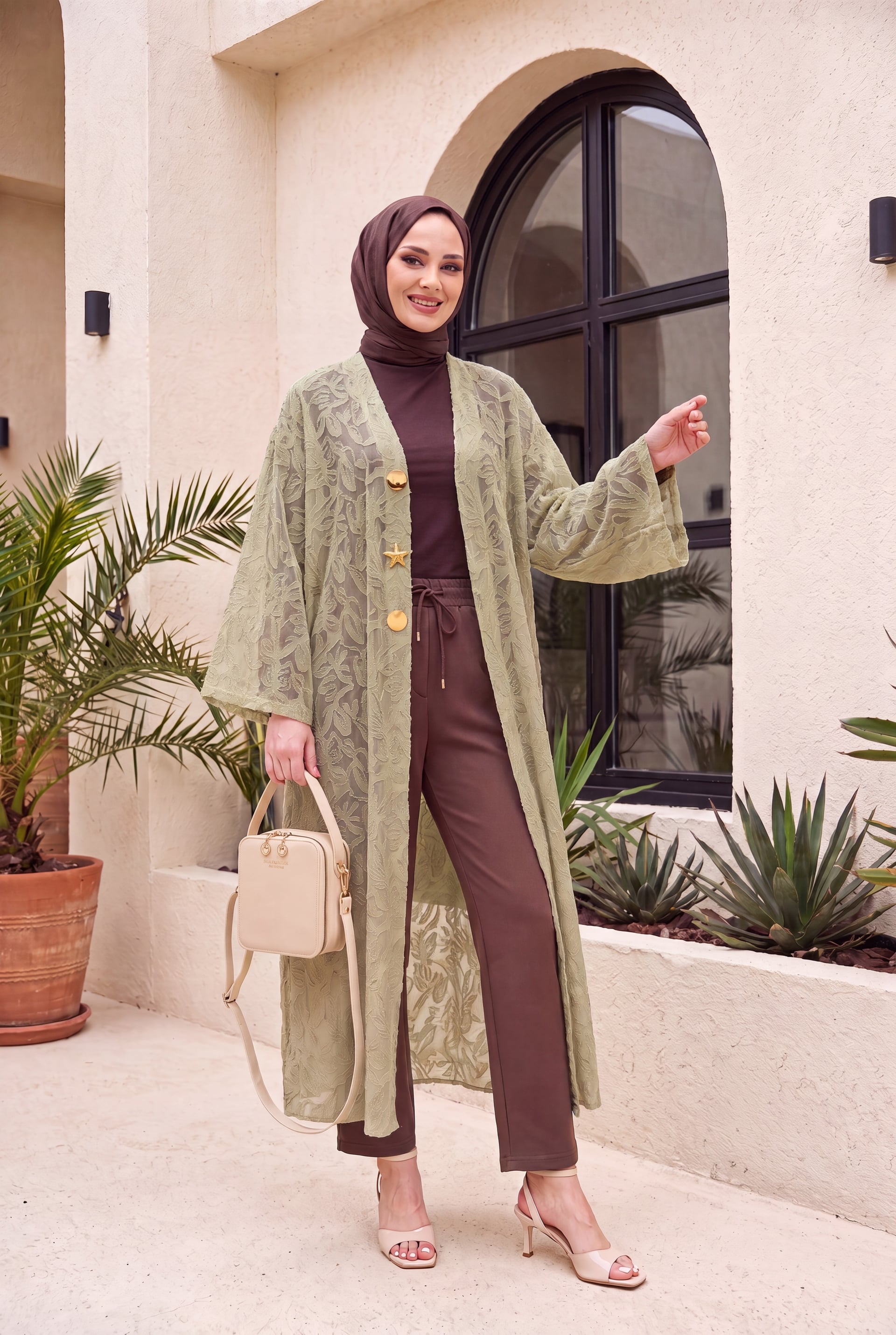 Long Kimono with Wide Sleeves and Brooch - Light Green - Podyumplus - by Peralane