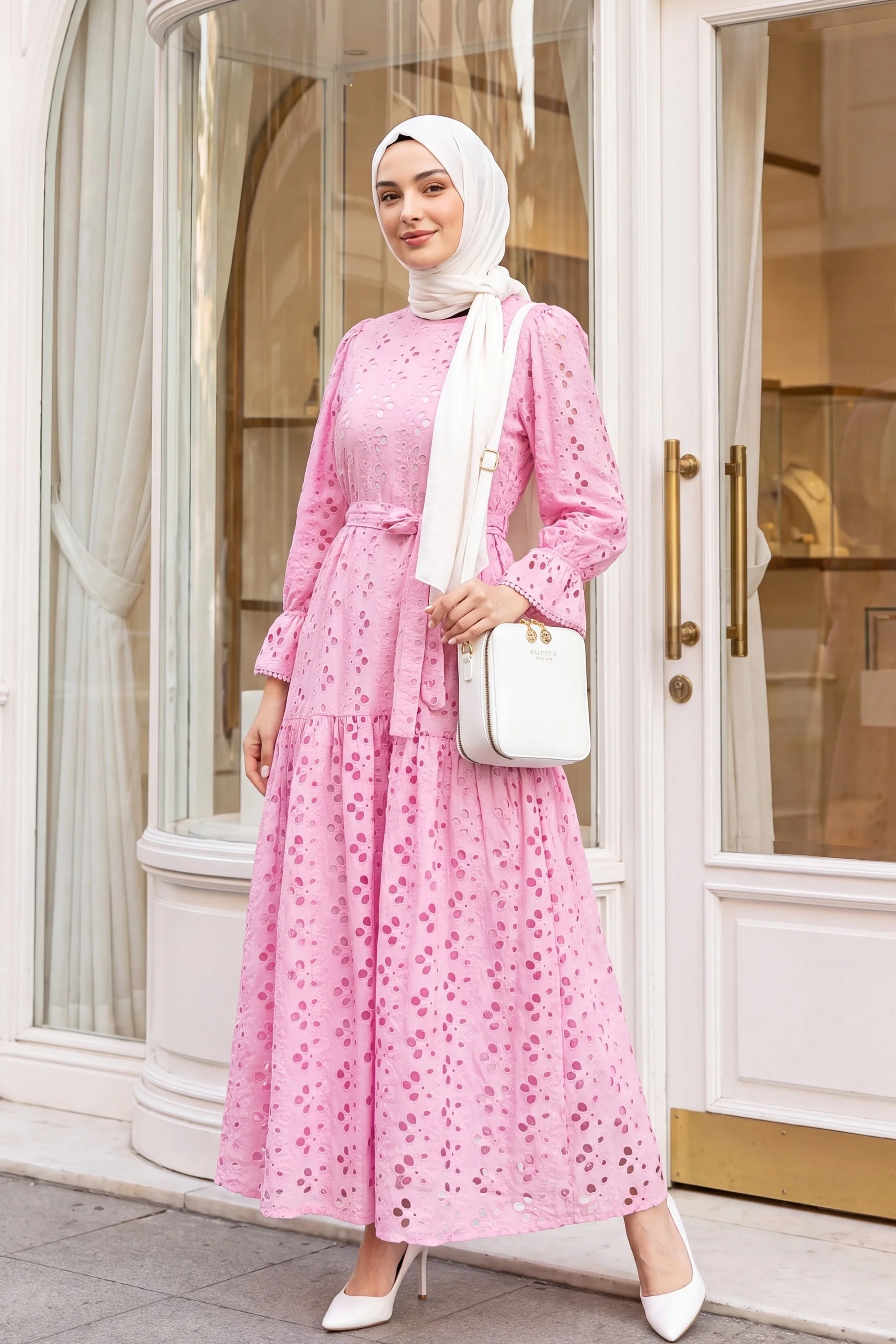 Pink Floral Eyelet Long Linen Look Dress with Round Neck and Ruffled Cuffs - Podyumplus - by Peralane - photo 3