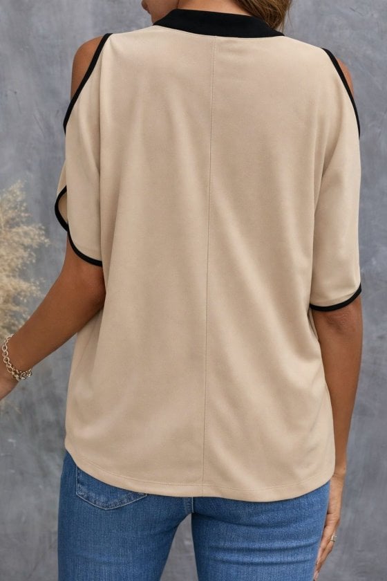 Women's Beige Short-Sleeve V-Neck Crepe Blouse with Black Trim - Janes - by Peralane - photo 2