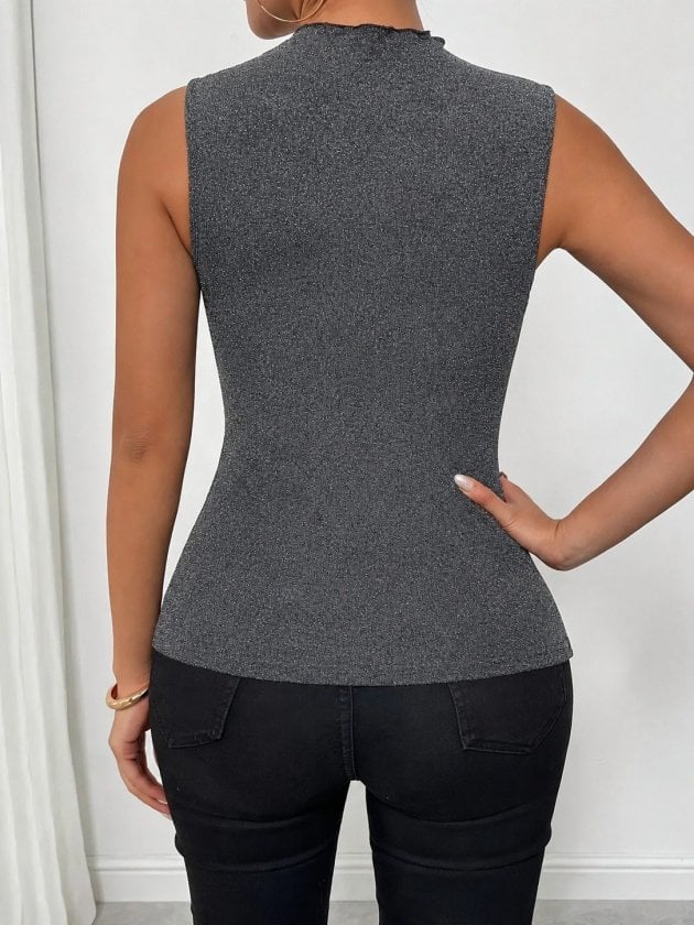 Women's Sleeveless Tulle Round Neck Deep V-Neck Sequin Blouse - Janes - by Peralane - photo 3