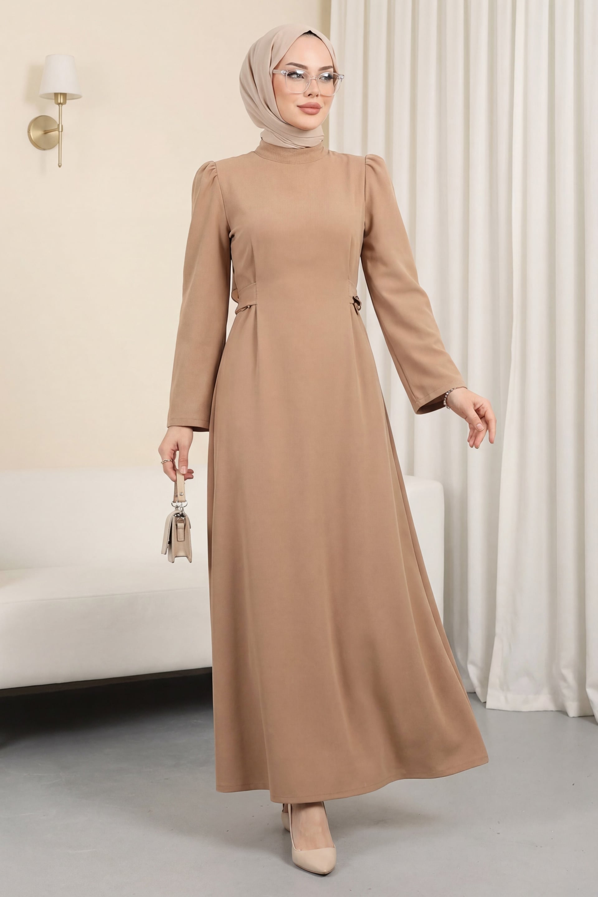 V-Neck Tie-Waist Midi Dress - Beige - Podyumplus - by Peralane - photo 6