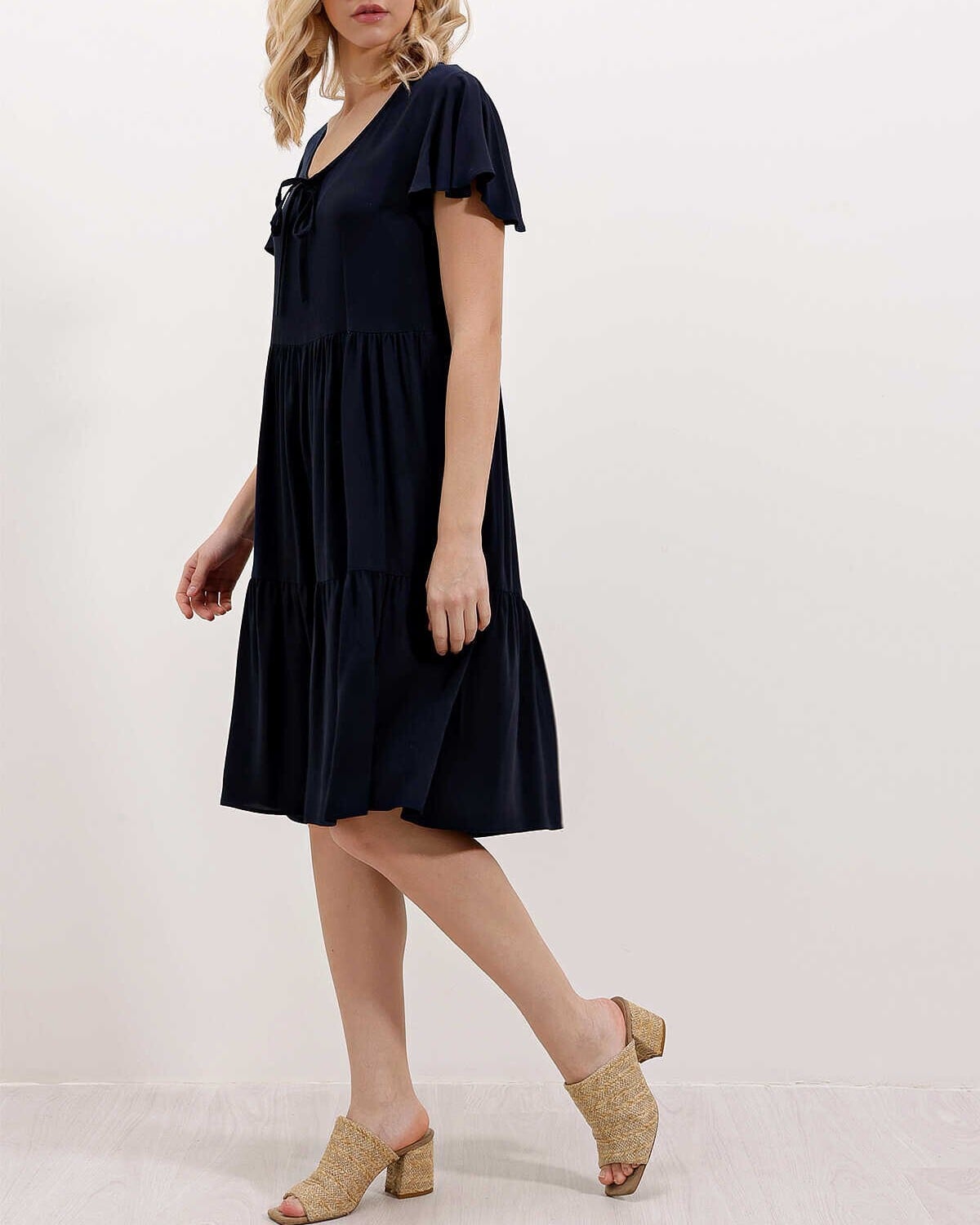 Navy Blue V-Neck Tiered Dress with Flutter Sleeves - Bigdart - by Peralane
