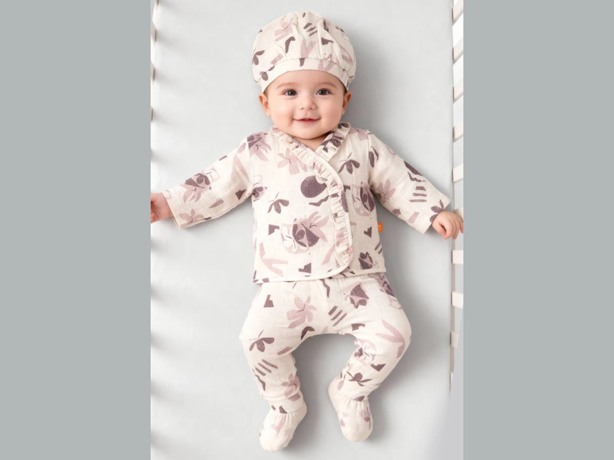 Patterned Newborn Baby Girl 2-Piece Sleepwear Set with Hat - Dusty Rose - Beyaz Bebek - by Peralane