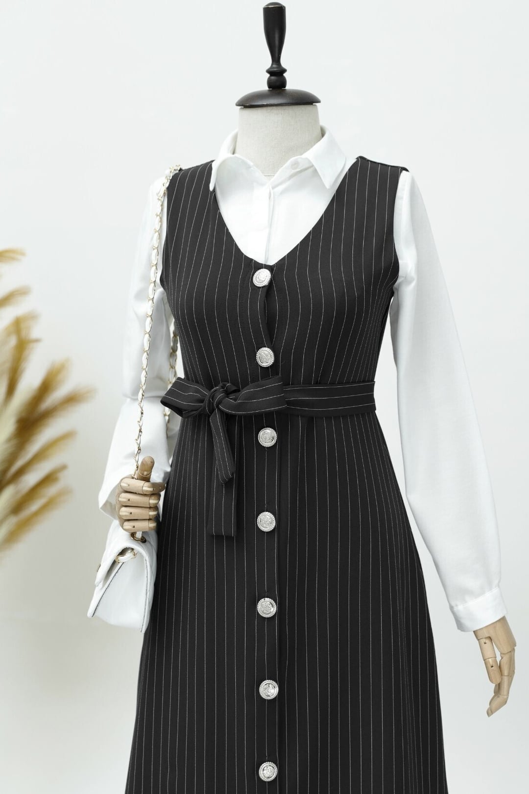 Black Pinstripe V-Neck Button-Front Belted Jile Dress - Podyumplus - by Peralane - photo 4