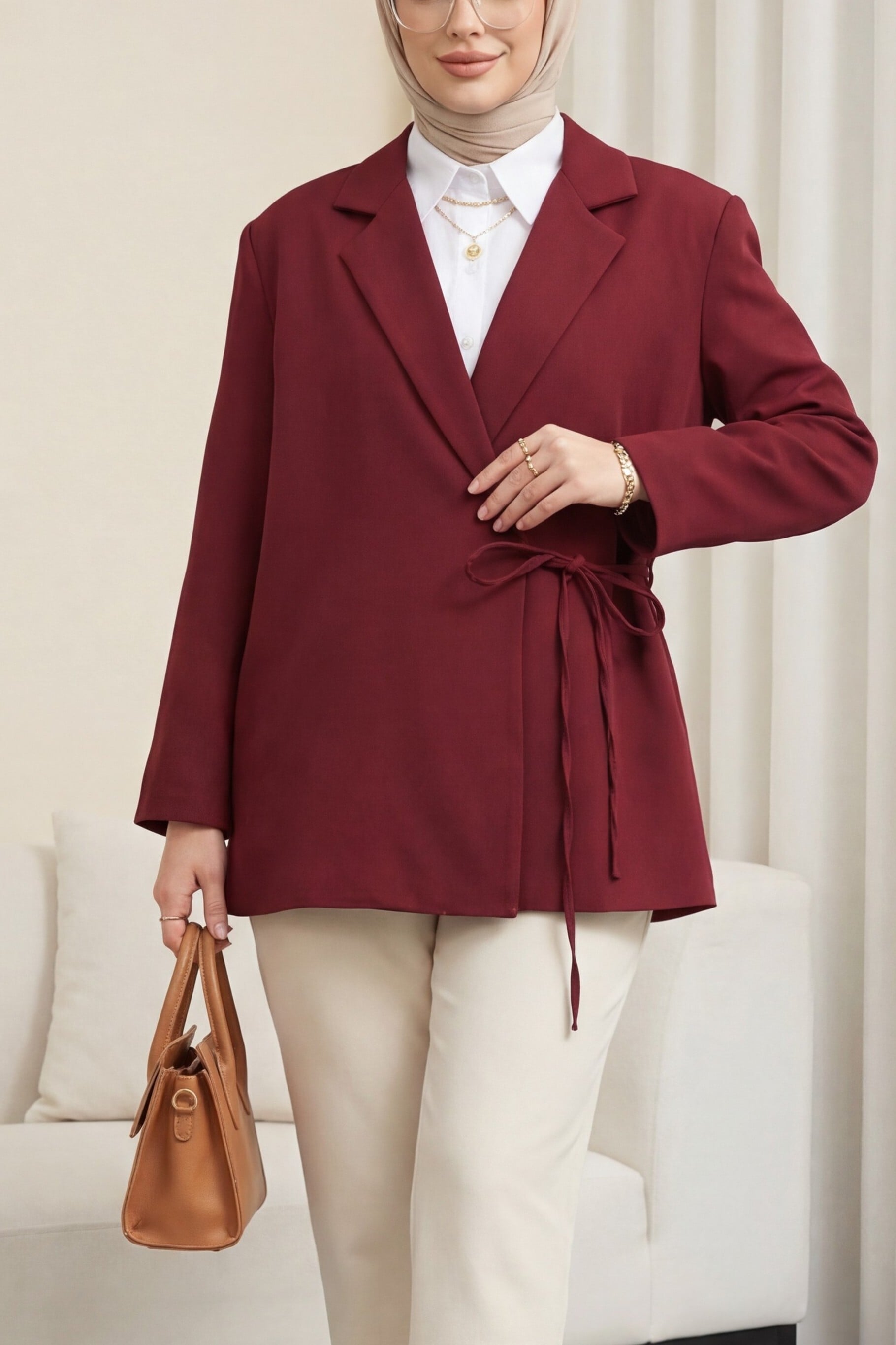 Side Lace-Up Back Slit Lined Double Crepe Blazer - Burgundy - Podyumplus - by Peralane - photo 4