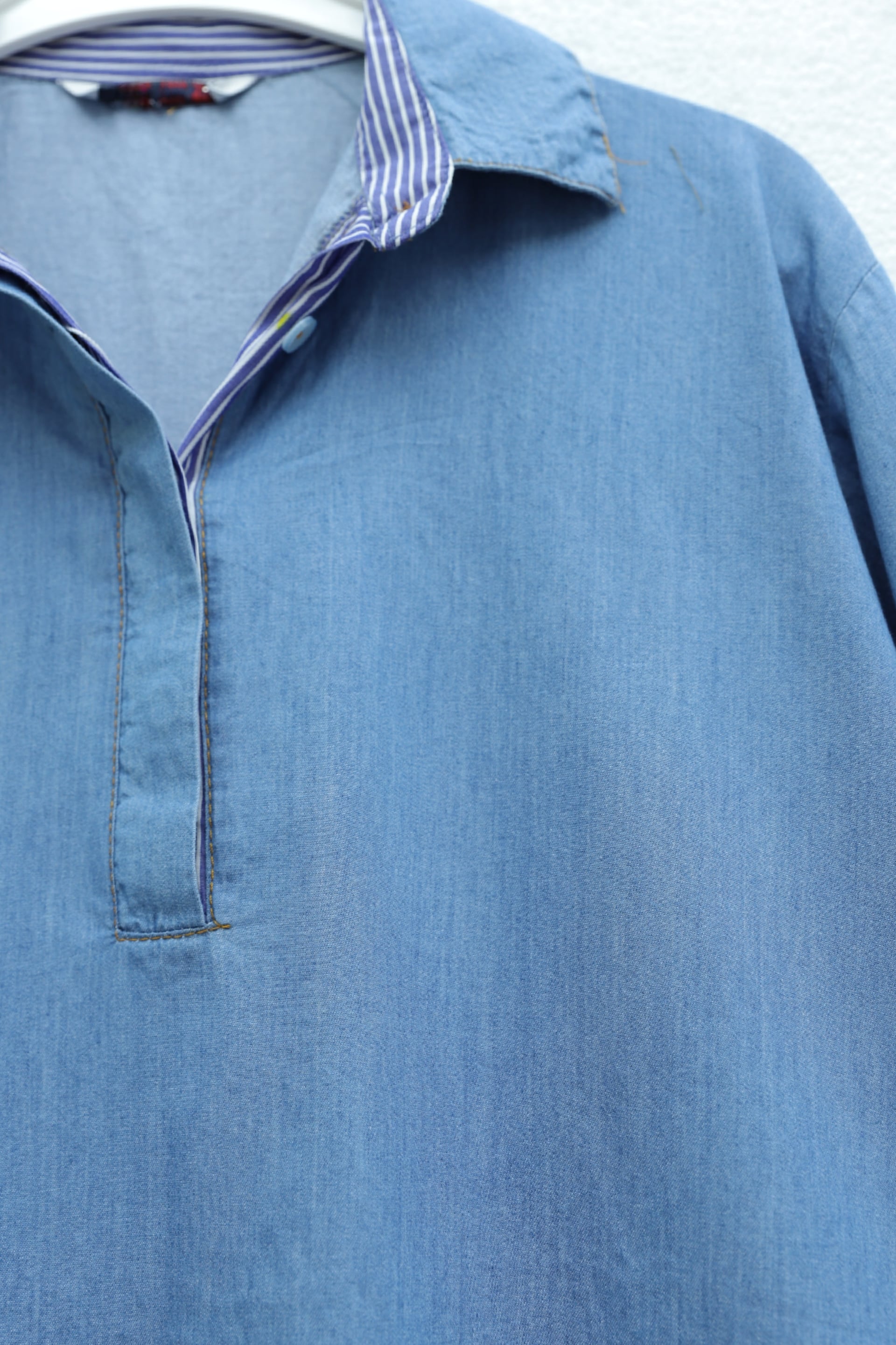 Buttoned Collar Pocket Long-Sleeve Denim Dress with Striped Cuffs - Light Blue - Podyumplus - by Peralane - photo 3