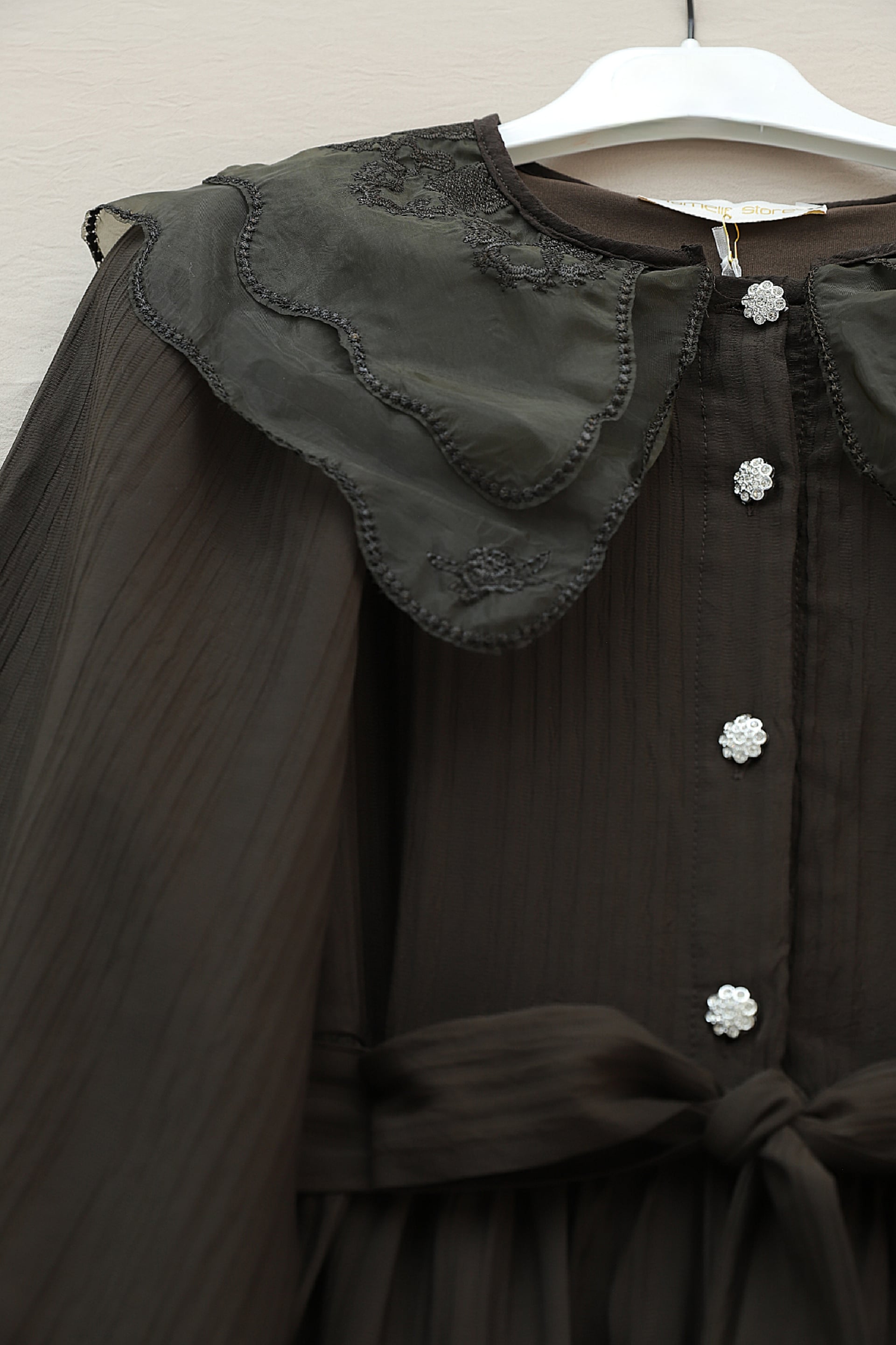 Organza Baby Collar Stone Button Crinkle Dress - Dark Brown - Podyumplus - by Peralane - photo 4