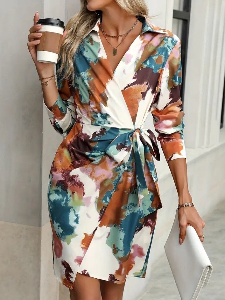 Women's Long Sleeve Collared Side-Tie Mini Print Modal Dress - Janes - by Peralane - photo 4
