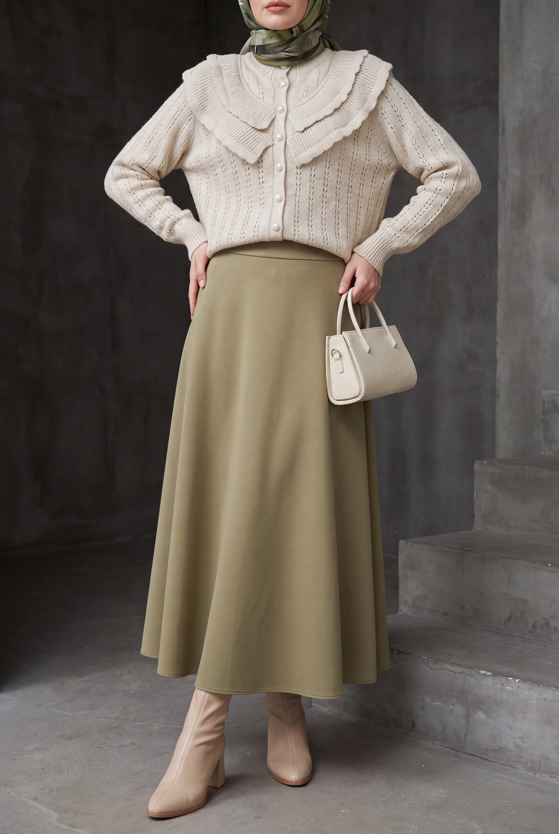 Khaki Scuba Puff Skirt with Wide Cut - Podyumplus - by Peralane - photo 2