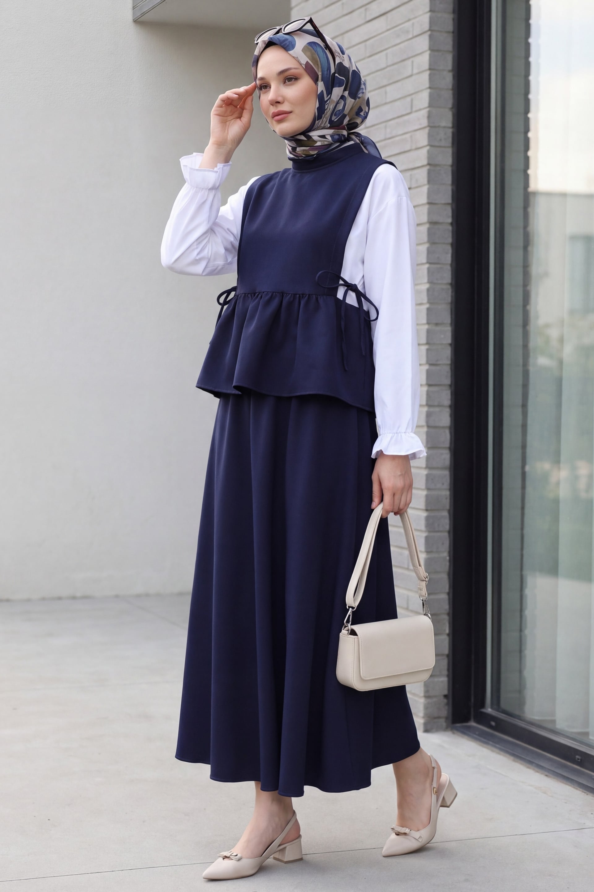Navy Blue Shirt-Detail Laced Side Ruffled Skirt Two-Piece Set - Podyumplus - by Peralane - photo 2