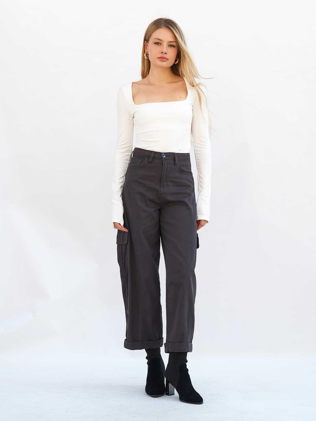 Square Neck Long Sleeve Ribbed T-Shirt - Ecru - Lefon - by Peralane - photo 2