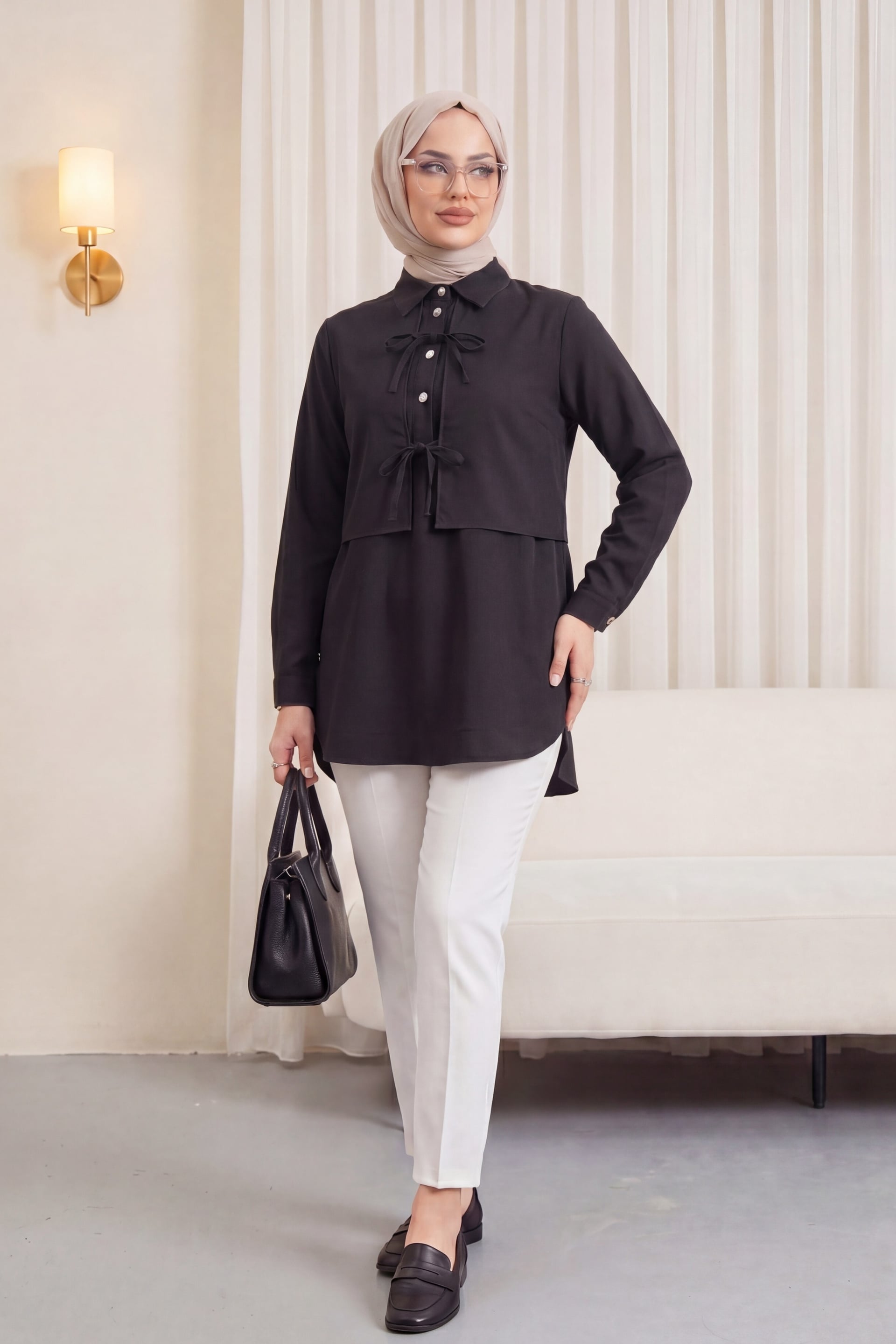 Women's Black Long-Sleeved Blouse with Vest Detail and Back Lace-Up (Size 36-40) - Podyumplus - by Peralane - photo 2