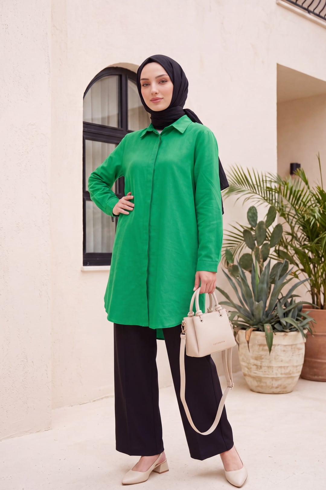 Hidden Button Oval Cut Long Tunic - Green - Podyumplus - by Peralane - photo 4