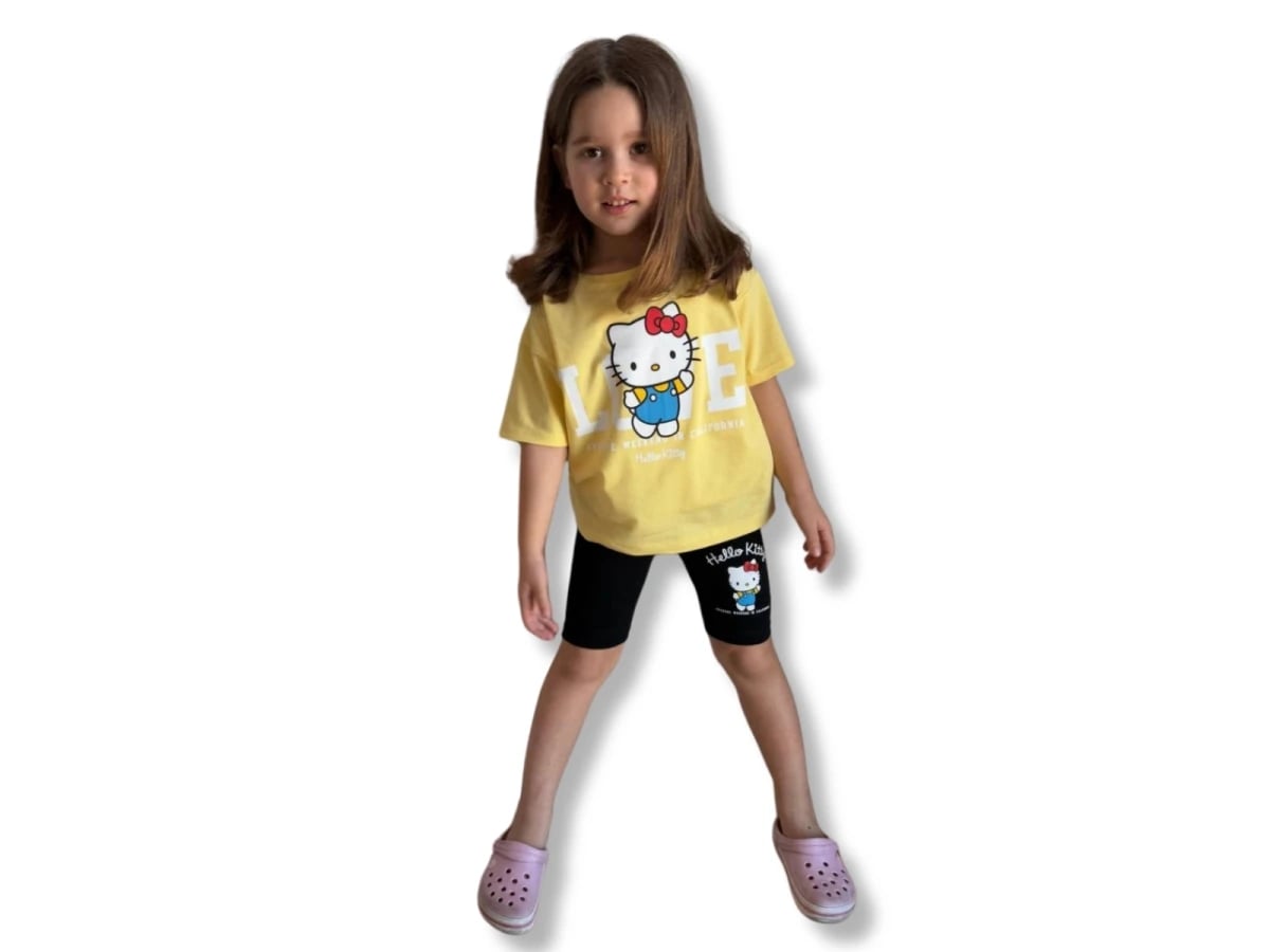 Hello Kitty Printed Girls' Two-Piece Set - Yellow T-Shirt and Black Shorts - Replikas - by Peralane