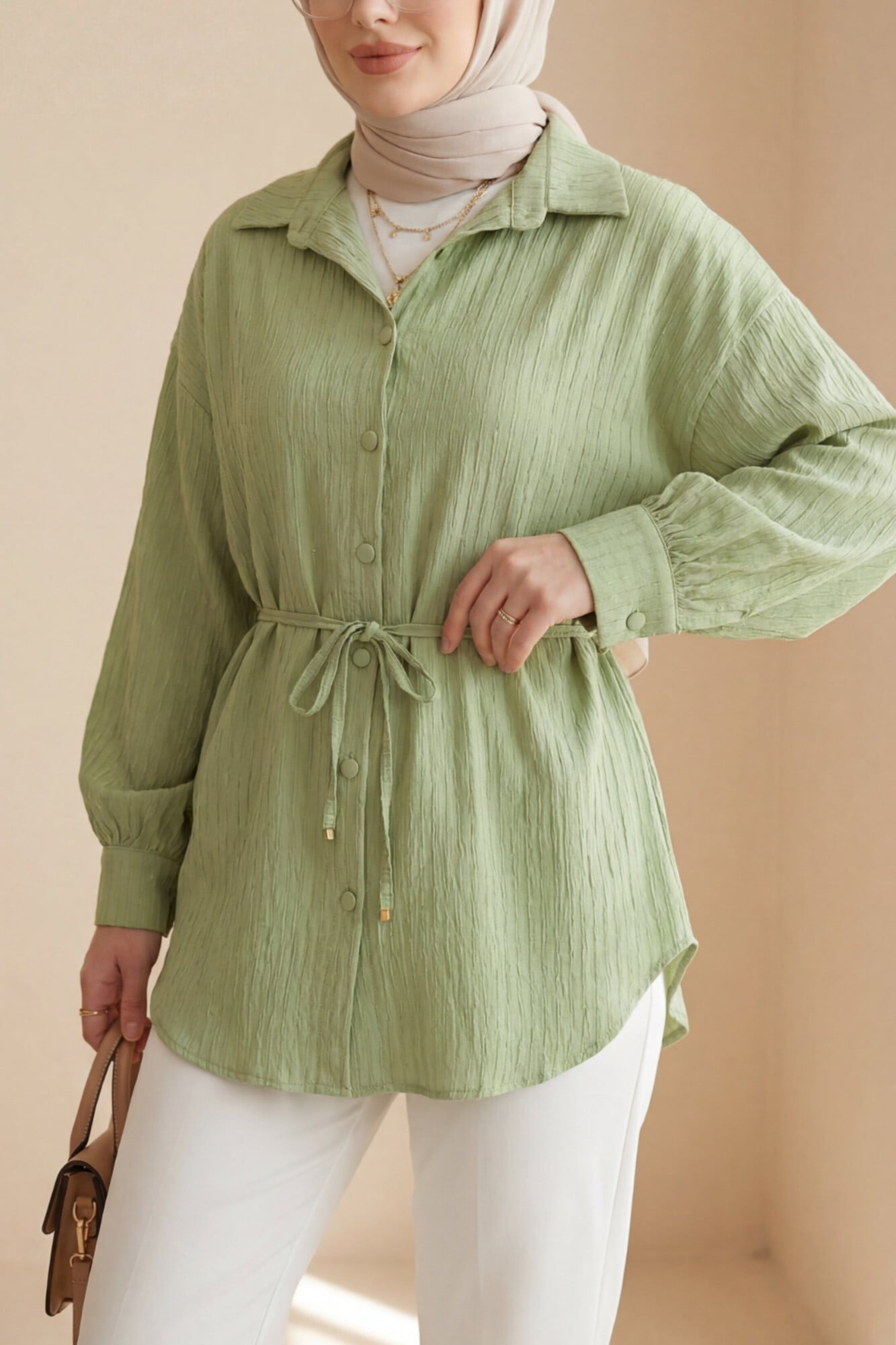 Belted Sequin Detail Button-Front Blouse - Light Green - Podyumplus - by Peralane