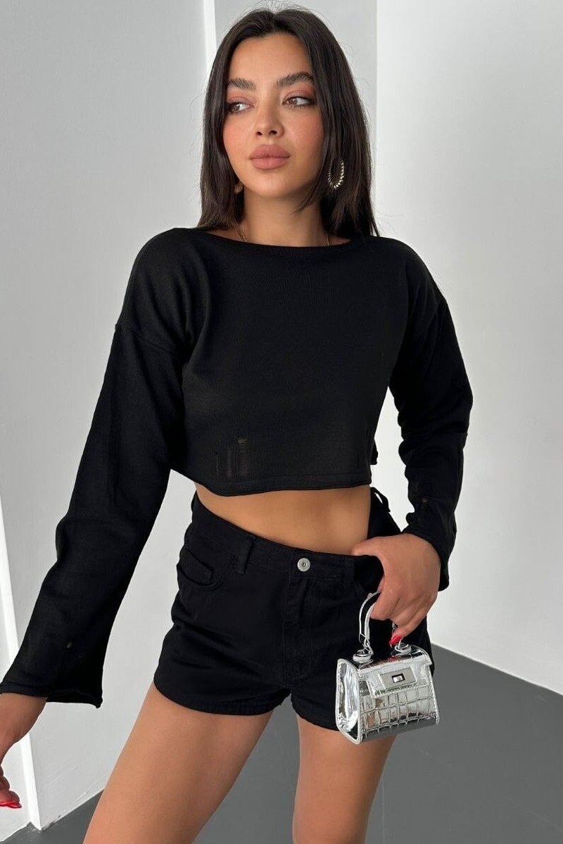 Black Boat Neck Ribbed Knit Crop Top - Podyumplus - by Peralane - photo 6