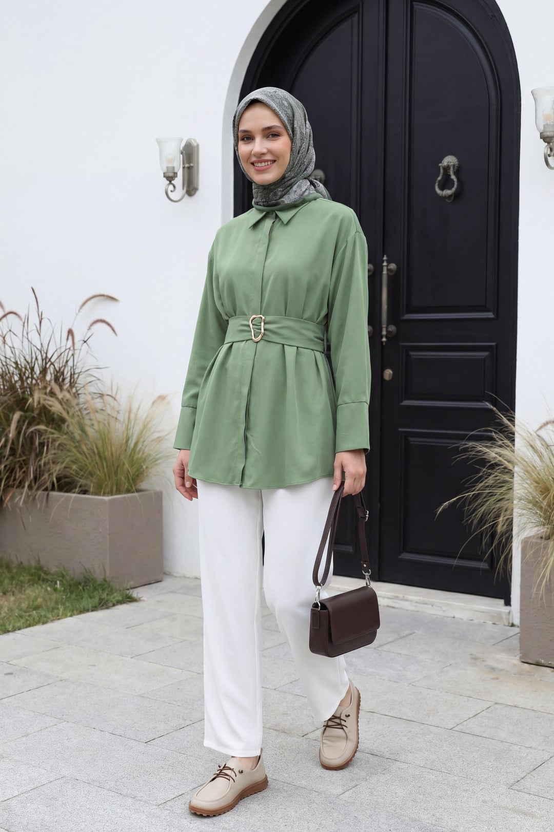 Belted Double Cuff Poplin Tunic with Concealed Button Front - Khaki - Podyumplus - by Peralane - photo 9