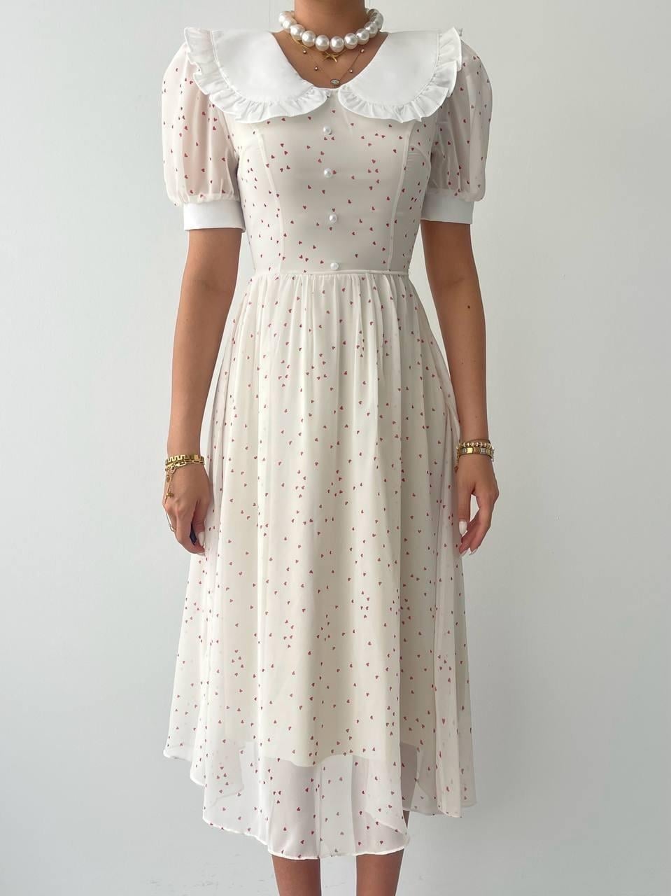 Aversa Pearl Detail Chiffon Dress in Cream with Heart Print - Etika - by Peralane - photo 2