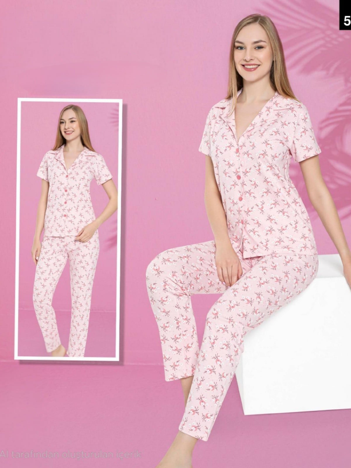V-Neck Button Flower Print Short Sleeve Pyjama Set - Powder - Podyumplus - by Peralane
