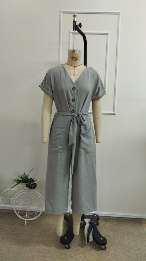 Women's Short Sleeve V-Neck Button Belted Pocket Long Jumpsuit - Janes - by Peralane - photo 4