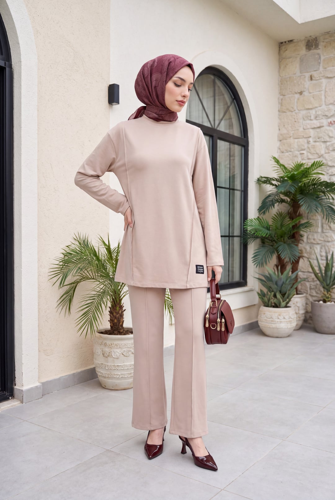 Cyc Neck Written Detail Drawstring Waist Legging Jersey Set - Light Beige - Podyumplus - by Peralane - photo 4
