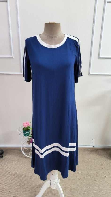 Women's Navy Blue Short-Sleeve Round Neck Striped Midi Viscose Dress - Janes - by Peralane - photo 4