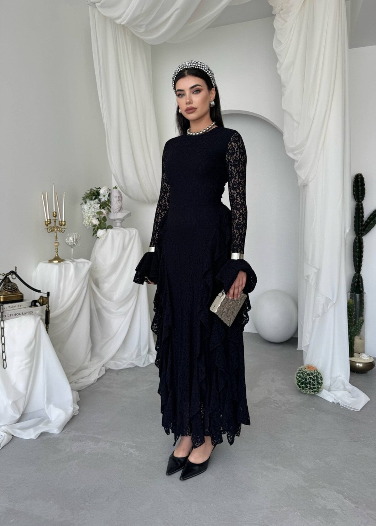 Fusne Black Lace Midi Dress with Ruffled Skirt - Etika - by Peralane - photo 6