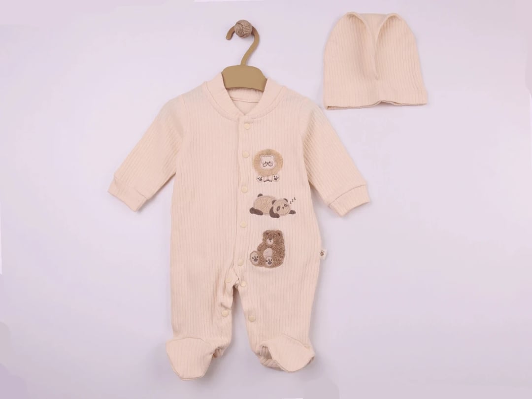 Baby Boy Animal Embroidery Romper and Hat Set - Pookie - by Peralane