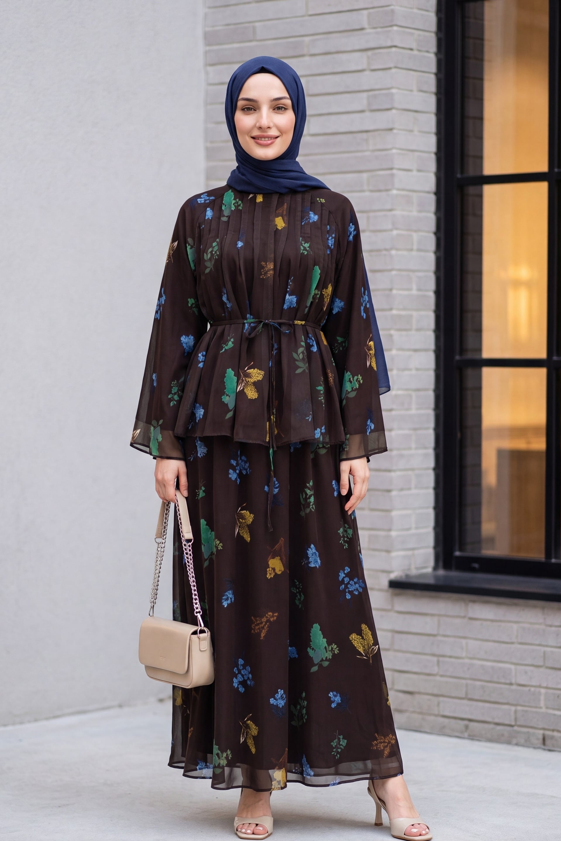 Women's Floral Print Chiffon Two-Piece Set with Spanish Sleeves and Belt - Podyumplus - by Peralane - photo 4