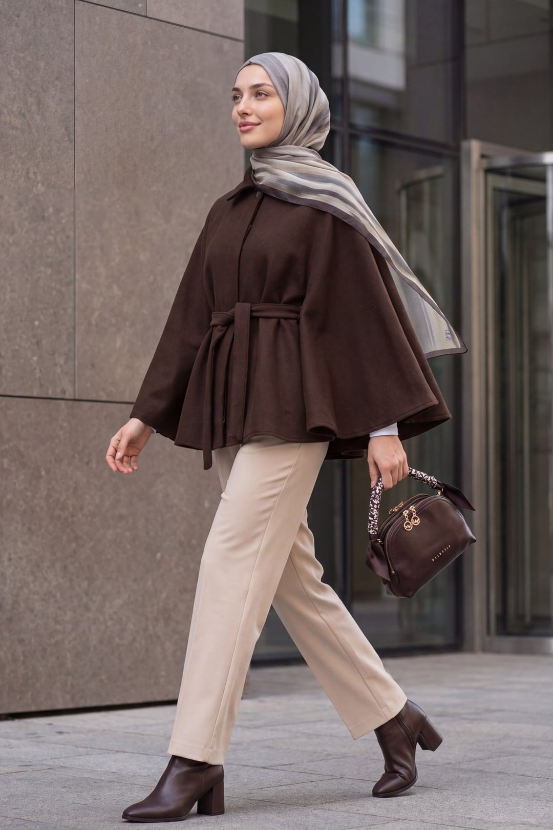 Brown Belted Single Button Wool Blend Cape for Women - Podyumplus - by Peralane - photo 3