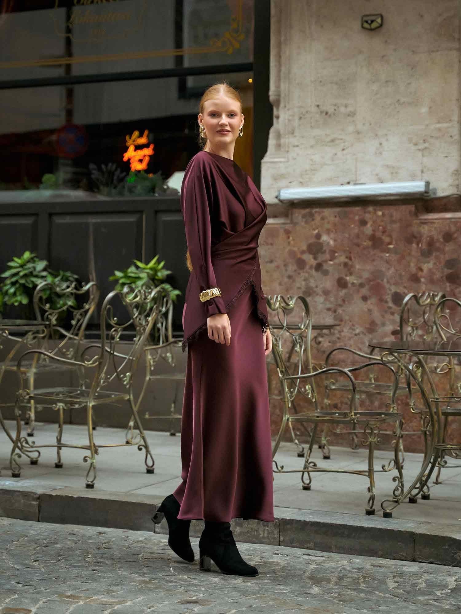 Ruffled Satin Evening Dress with Asymmetric Neckline - Lefon - by Peralane - photo 7