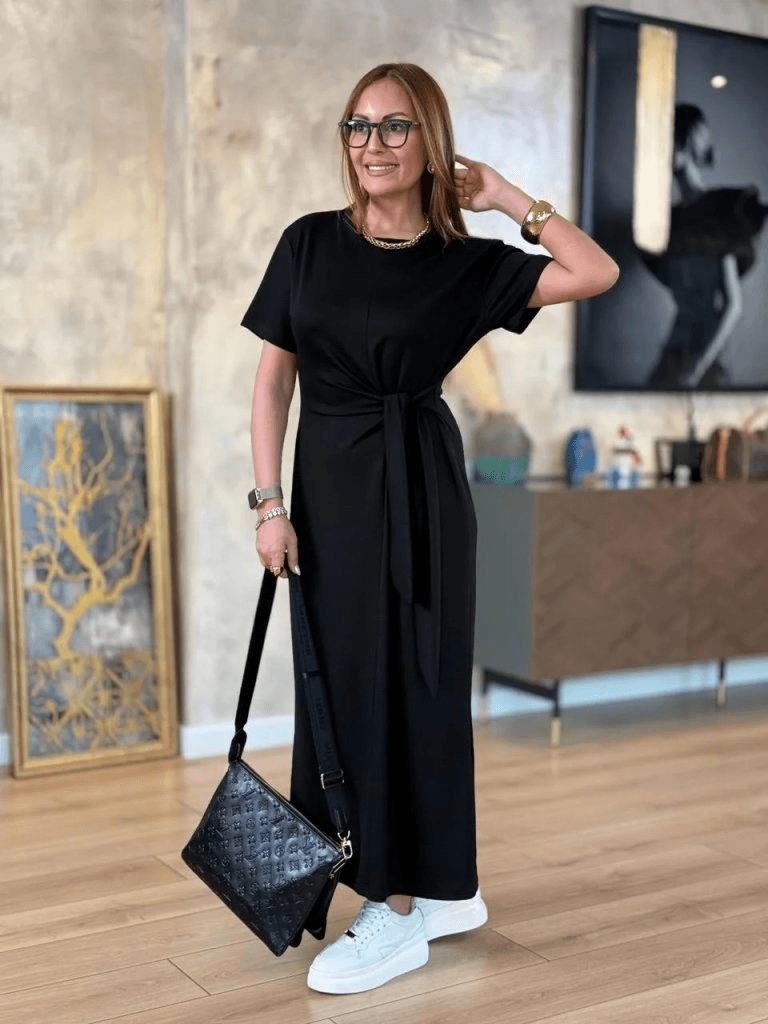 Women's Black Short-Sleeve Viscose Two-Thread Knot Waist Midi Dress - Janes - by Peralane