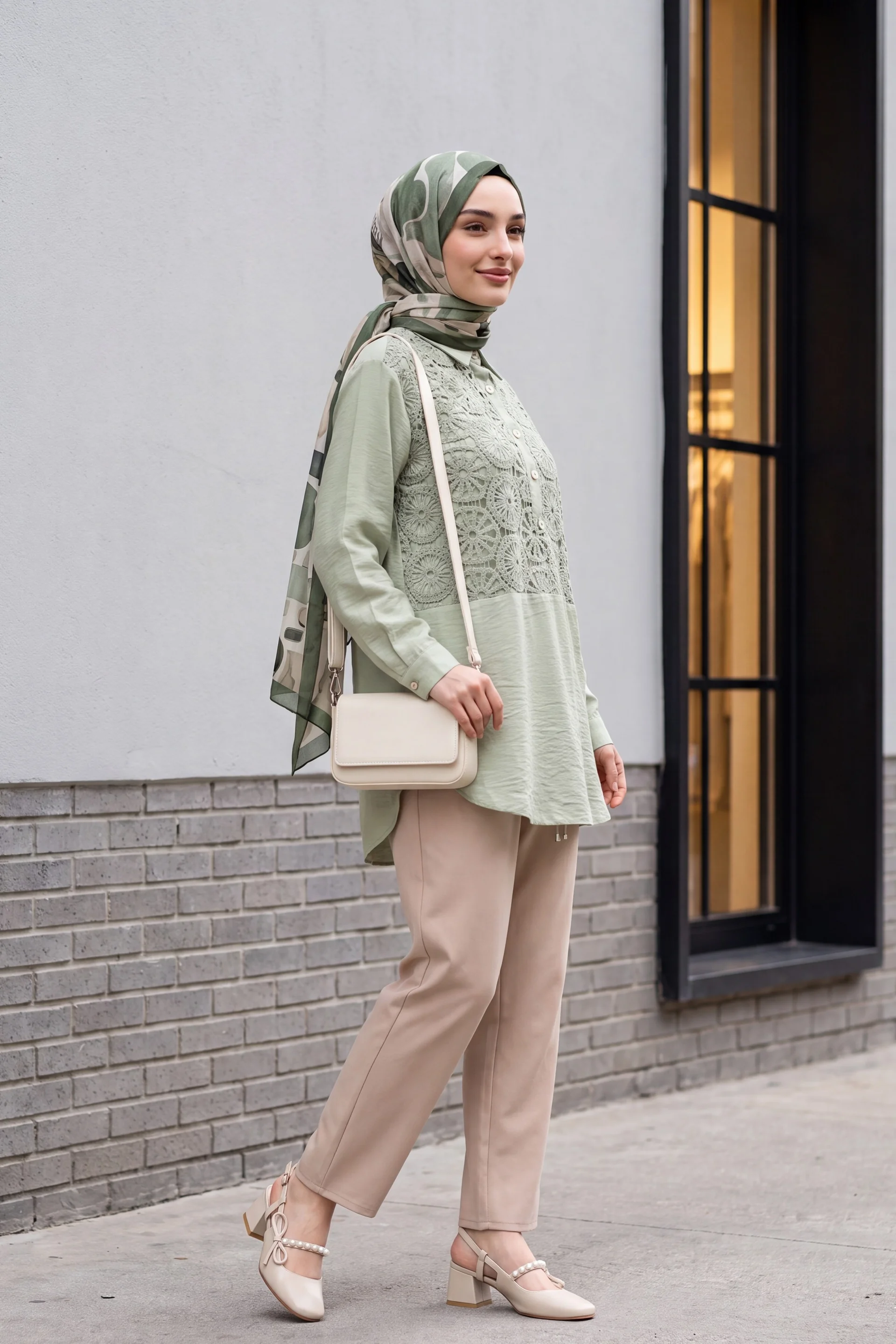 Lace Trim Button Detail Tunic Shirt - Light Green - Podyumplus - by Peralane - photo 6