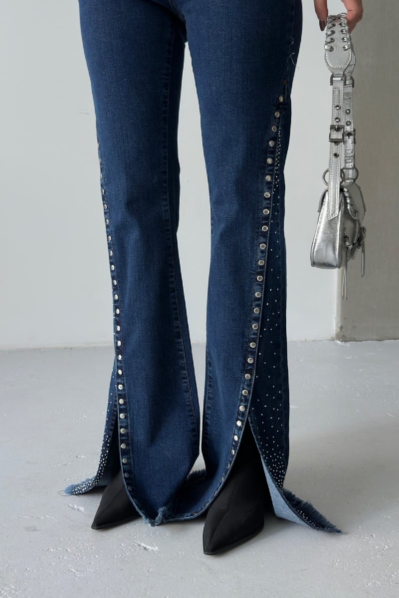 High Waist Flared Denim Trousers with Stud Details - Dark Rinse - Xlove - by Peralane - photo 2