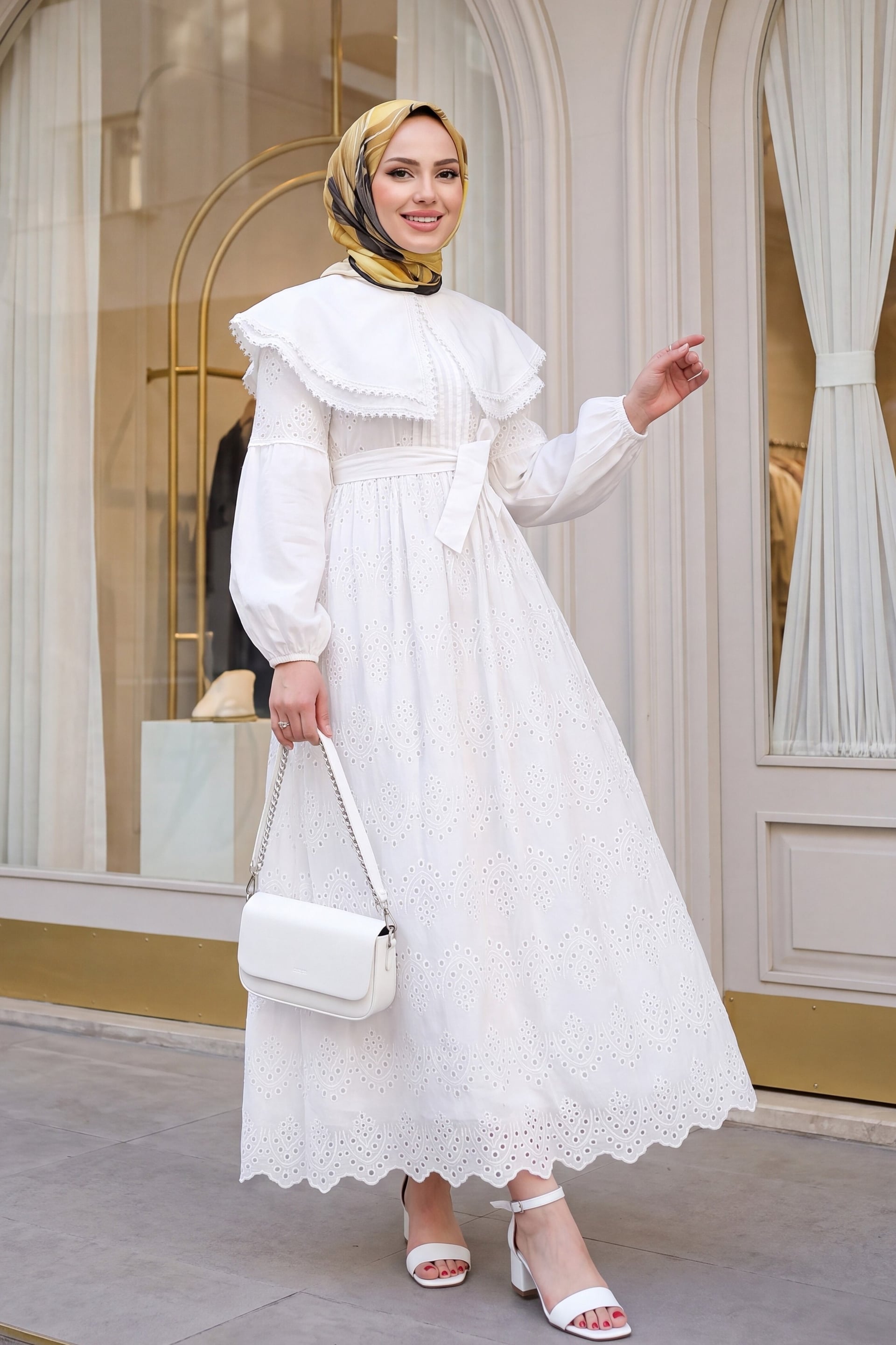 White Cape Collar Lace Detail Midi Dress - Podyumplus - by Peralane