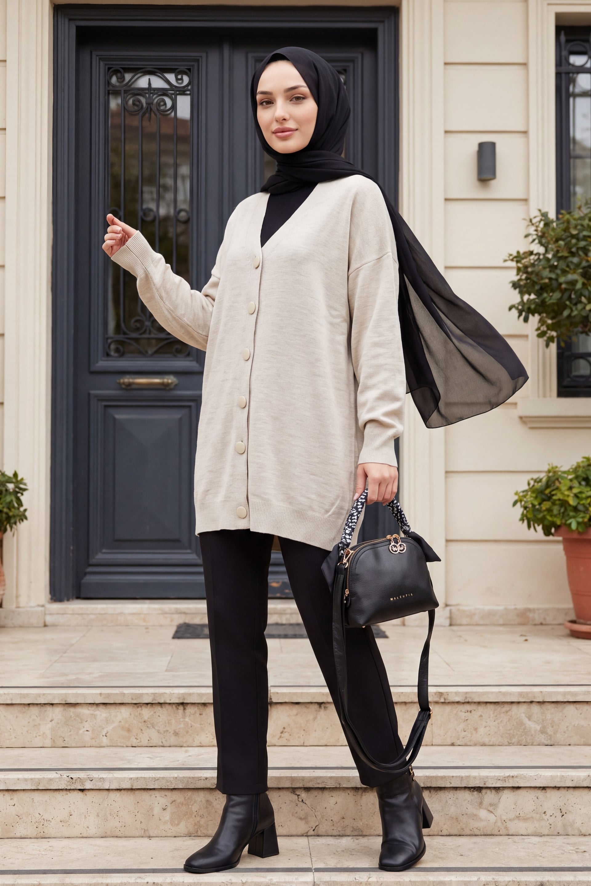 Button-Front Oversize Knit Cardigan - Stone - Podyumplus - by Peralane - photo 5