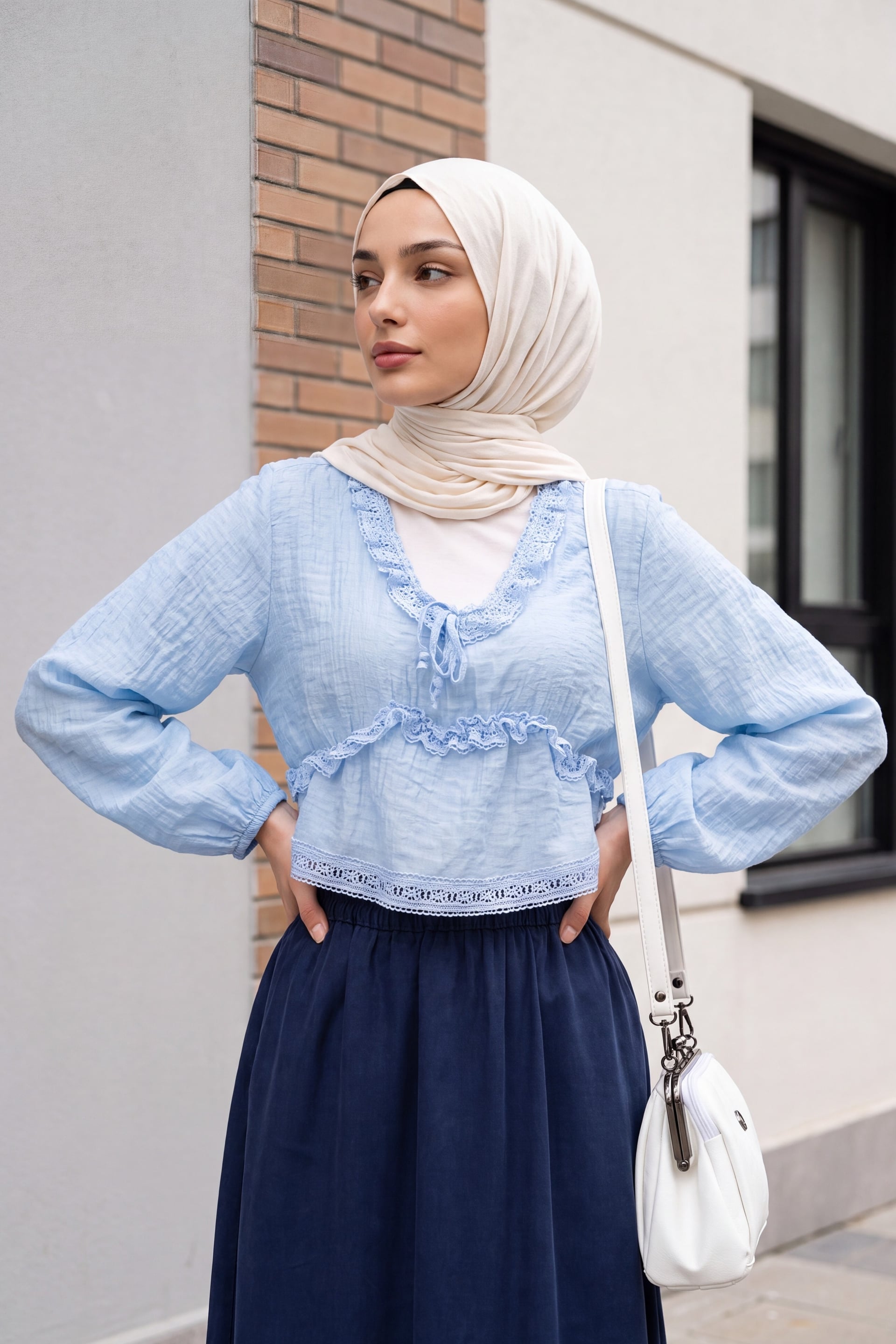 Balloon Sleeve Lace Trim Elastic Waist Viscose Blouse - Baby Blue - Podyumplus - by Peralane - photo 6