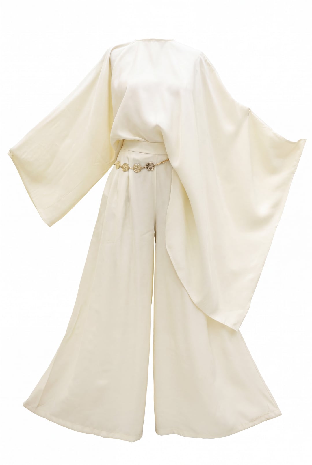 Asymmetric Cut Wide Sleeve Wide-Leg Trousers Belted Modal Set - Cream - Podyumplus - by Peralane - photo 5
