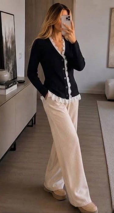 V-Neck Lace Trim Button Front Ribbed Knit Cardigan - Black - My Bee - by Peralane - photo 2