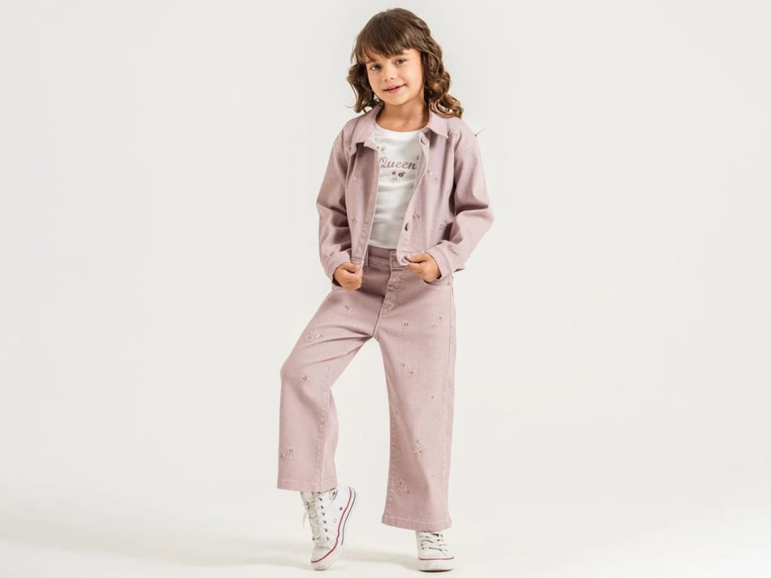 Girls' Embroidered Denim Jacket and Trousers Set - Dusty Pink - Pampal Kids - by Peralane
