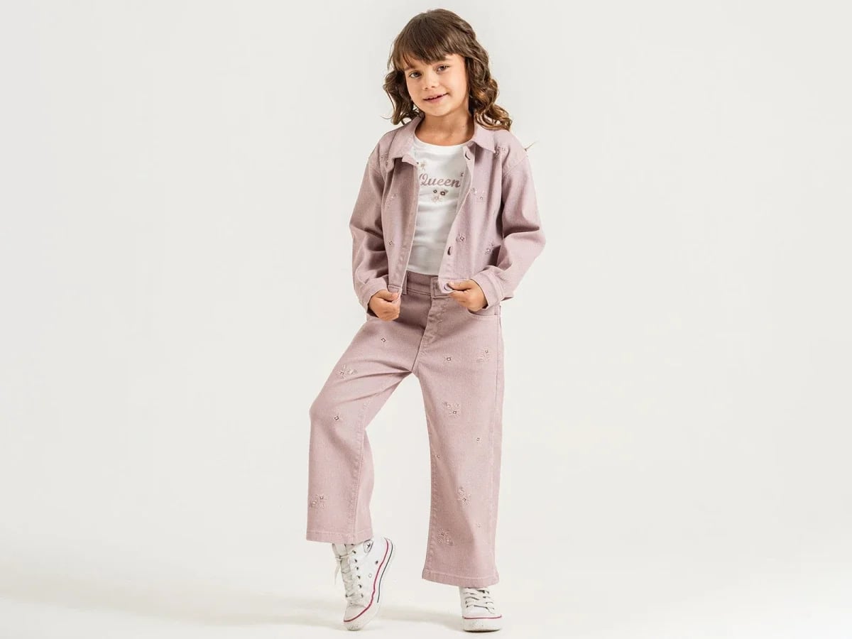 Girls' Denim Jacket and Trousers Set with Floral Embroidery - Pampal Kids - by Peralane