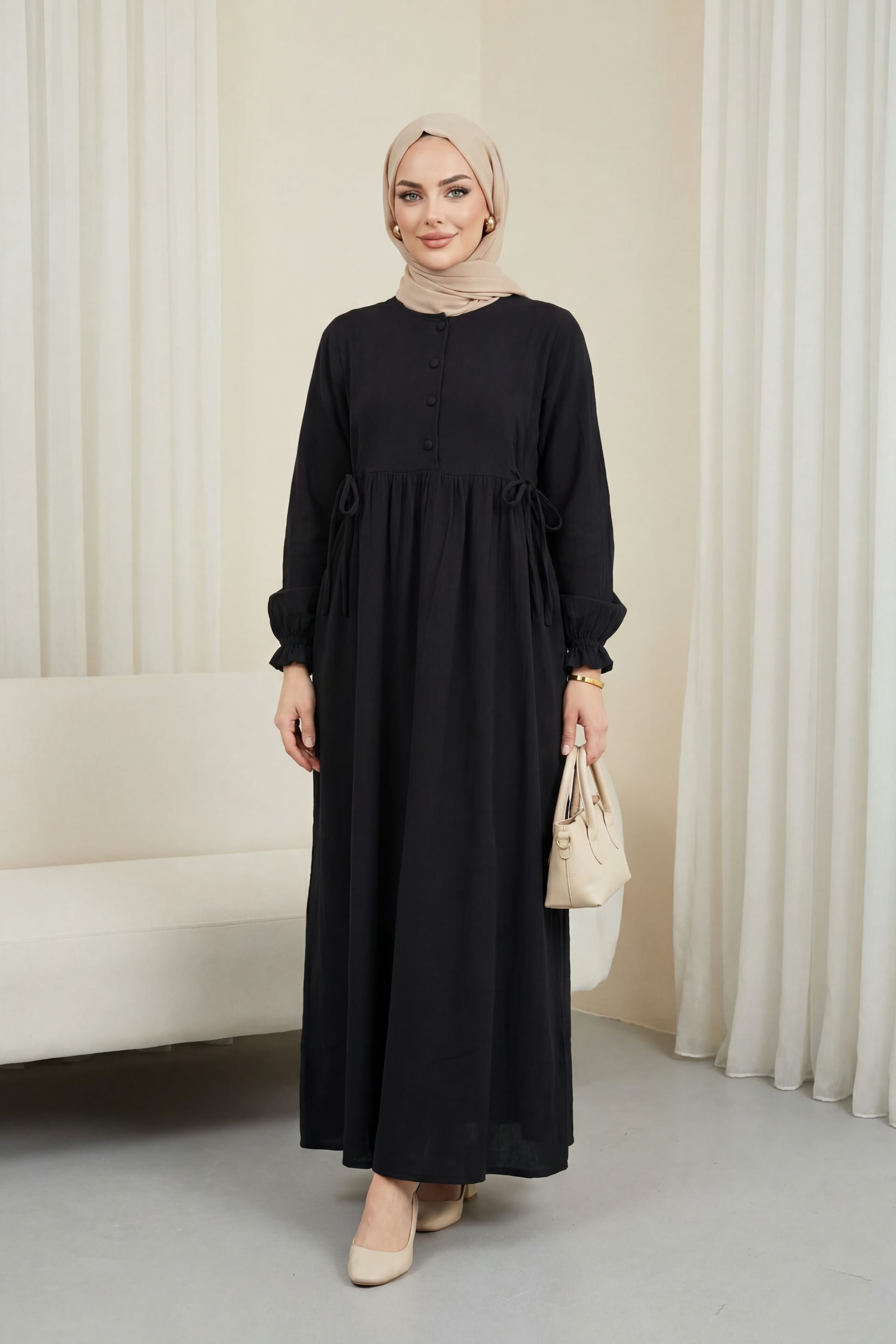 Half Button Long Sleeve Tie Waist Muslin Dress - Black - Podyumplus - by Peralane