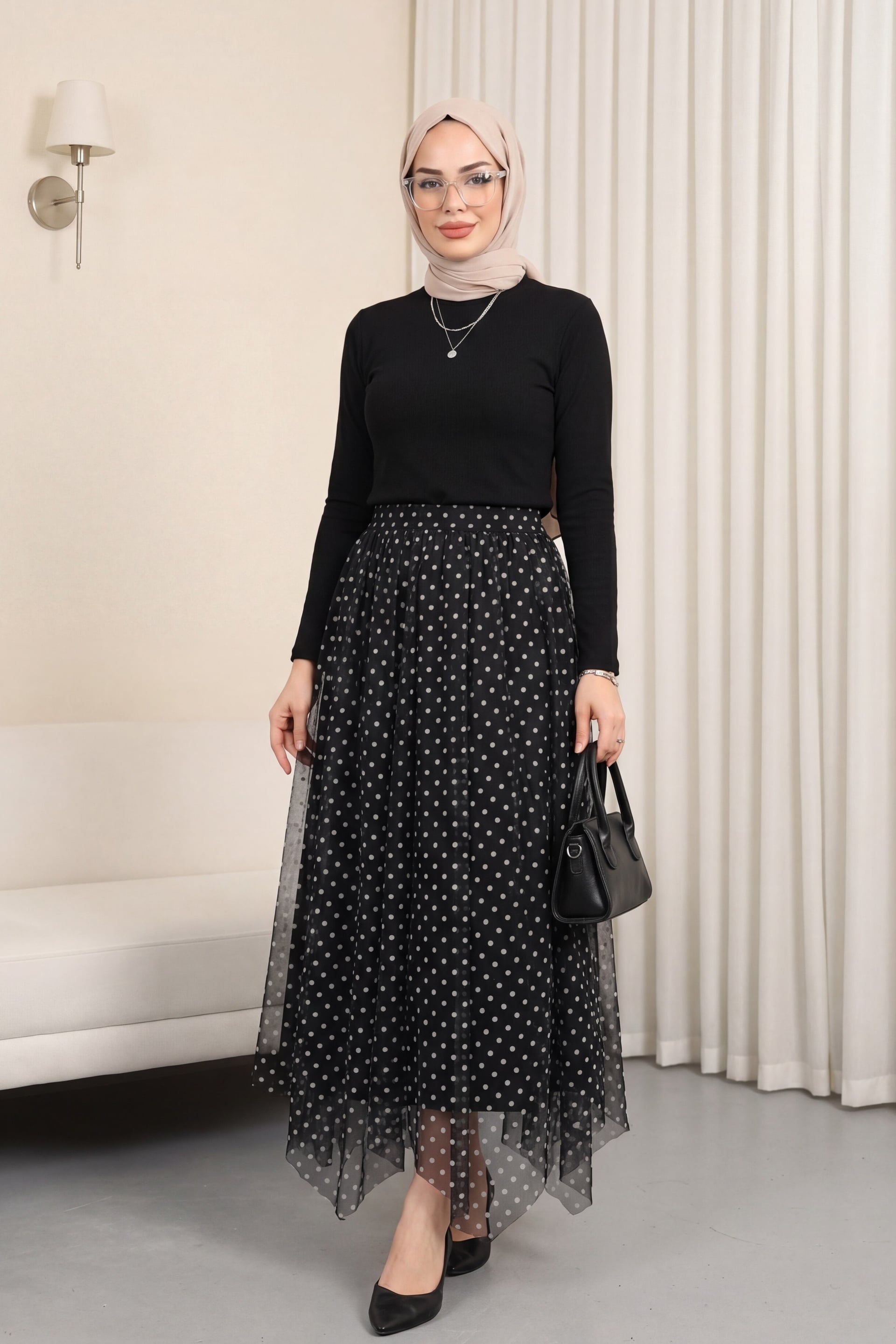 Black Asymmetric Cut Seamed Lined Chiffon Skirt with Elastic Waist - Podyumplus - by Peralane - photo 2